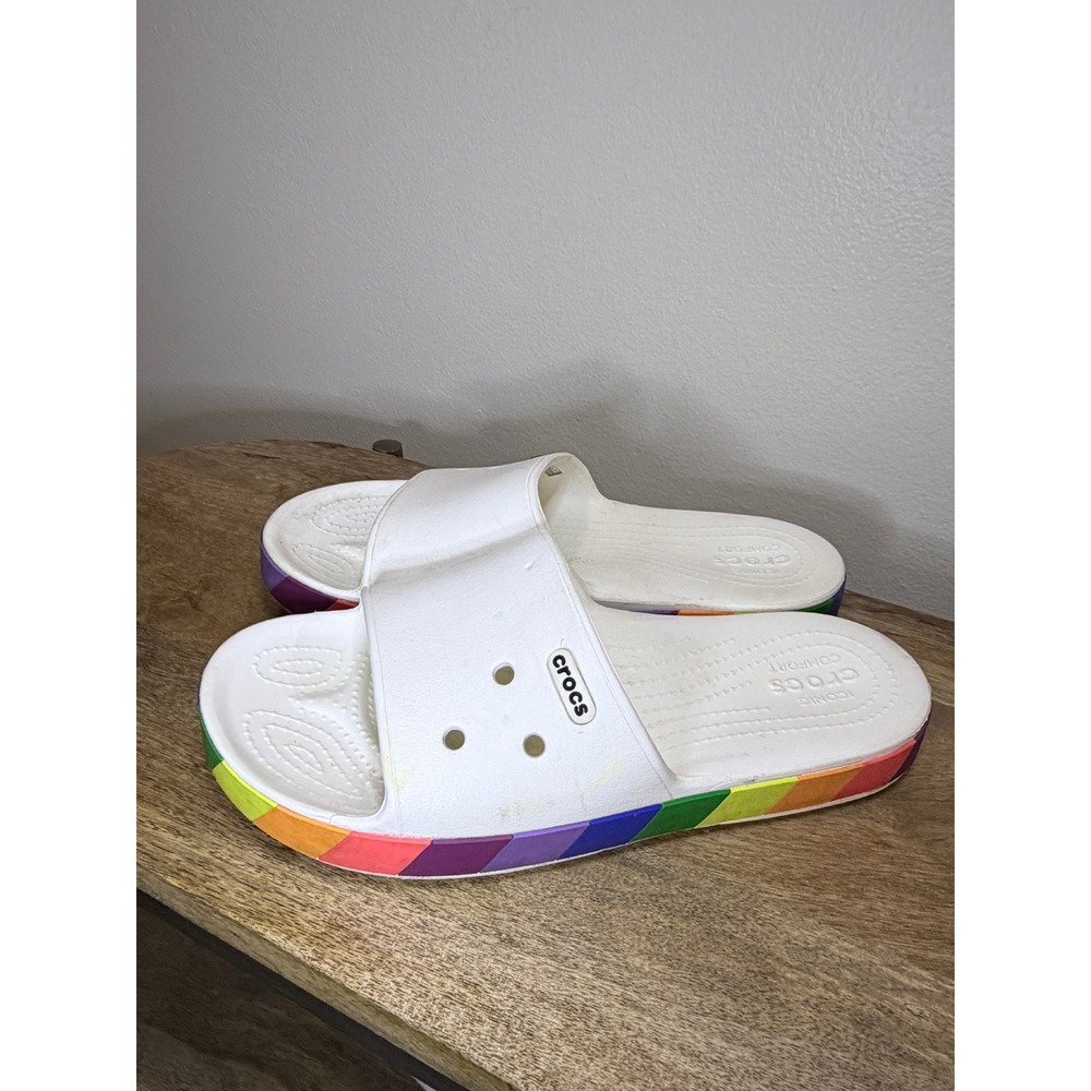 Crocs Classic Slide White Rainbow Stripe Pride Sandals Size 8